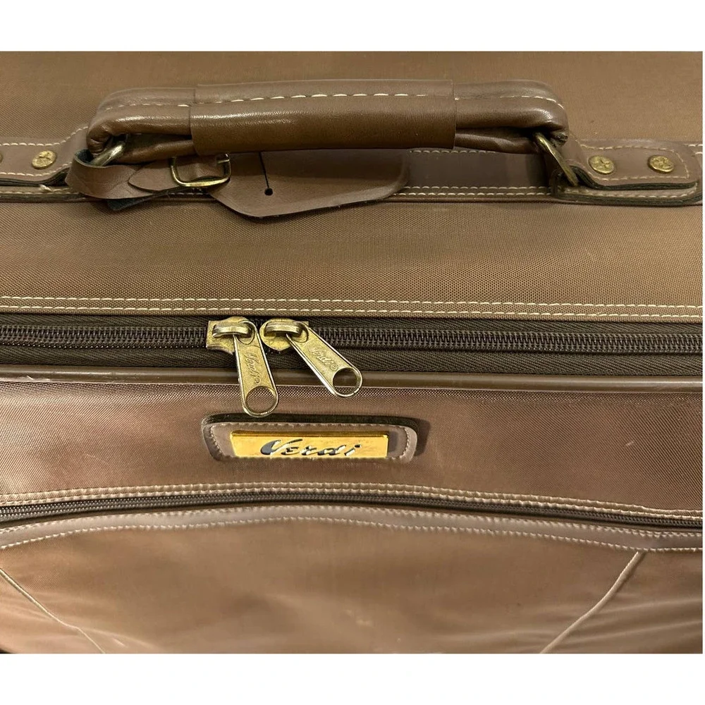 Vintage Verdi Chocolate Brown Suitcase With Wheels And Front Zip Pocket